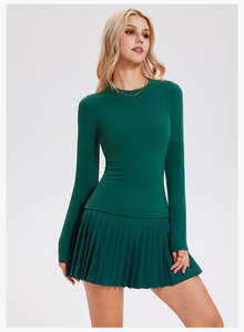 T-shirt lengan panjang tenis lari rok olahraga pinggang tinggi 2 buah t-shirt atletik Logo kustom Gym untuk wanita - Product Image 2