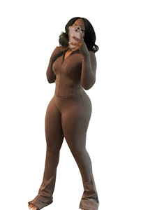 Completo Sportivo Chic <span class=keywords><strong>da</strong></span> <span class=keywords><strong>Donna</strong></span> in Maglia Autunnale, Pantaloni a Zampa, Set Due Pezzi con Zip e Maniche Lunghe - Product Image 3