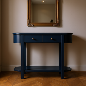 Consolle retrò blu navy con piano in legno dal design curvo per ingressi, soggiorni e corridoi - Product Image 2