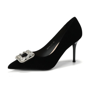 6681N-172 Escarpins en velours pour femme, bout pointu, talon aiguille, boucle en cristal, chaussures habillées noires à enfiler, talons hauts - Product Image 5
