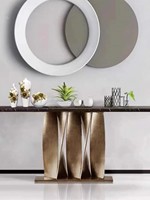 Table console étroite de luxe personnalisable, moderne et simple, en marbre, acier inoxydable et bande de bronze, haut de gamme, pour entrée ou mur.