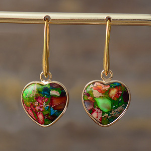 Heart Shape Drop Earrings <b>Red</b> Natural Stone Bezel Setting Gift Jewelry Zinc Alloy - Product Image 3