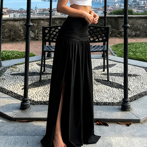 Women's Black Ruched Button Low Rise High Slit A-Line Maxi <b>Skirt</b> Knit Stretchy Breathable <b>Summer</b> Elegant <b>Long</b> - Product Image 4