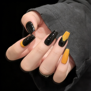 <span class=keywords><strong>Uñas</strong></span> Postizas de Alta Calidad, 10 Piezas, Forma Ataúd, Color Negro Brillante <span class=keywords><strong>con</strong></span> Detalles Amarillos, Reutilizables, Acrílicas, Adhesivas - Product Image 3