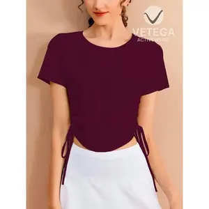 Camiseta Corta de Manga Corta Bordeaux con Cordón Lateral, Tejido Elástico de Punto, Cuello Redondo, Informal, Ajustada, Estampada para Hombre - Product Image 4