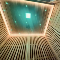 Cabine de sauna en bois en forme de L pour l'extérieur, vente en gros d'usine, avec véranda ouverte étendue