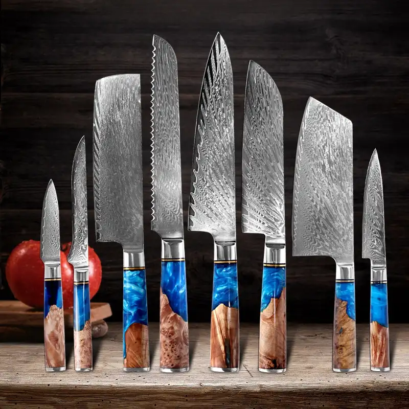 Damasco-cuchillo de cocina japonés de acero al carbono, 8 pulgadas, 67 capas, con mango de resina azul, VG10