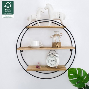Étagère murale géométrique ronde en fer forgé - Étagère flottante rustique en bois à plusieurs niveaux pour l'organisation de la maison - Product Image 1