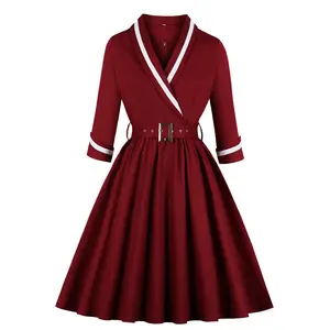 Wanita Lengan Panjang Gaun AL0027 Biru Merah Anggur Katun Musim Gugur Vintage Gaun Plus Ukuran