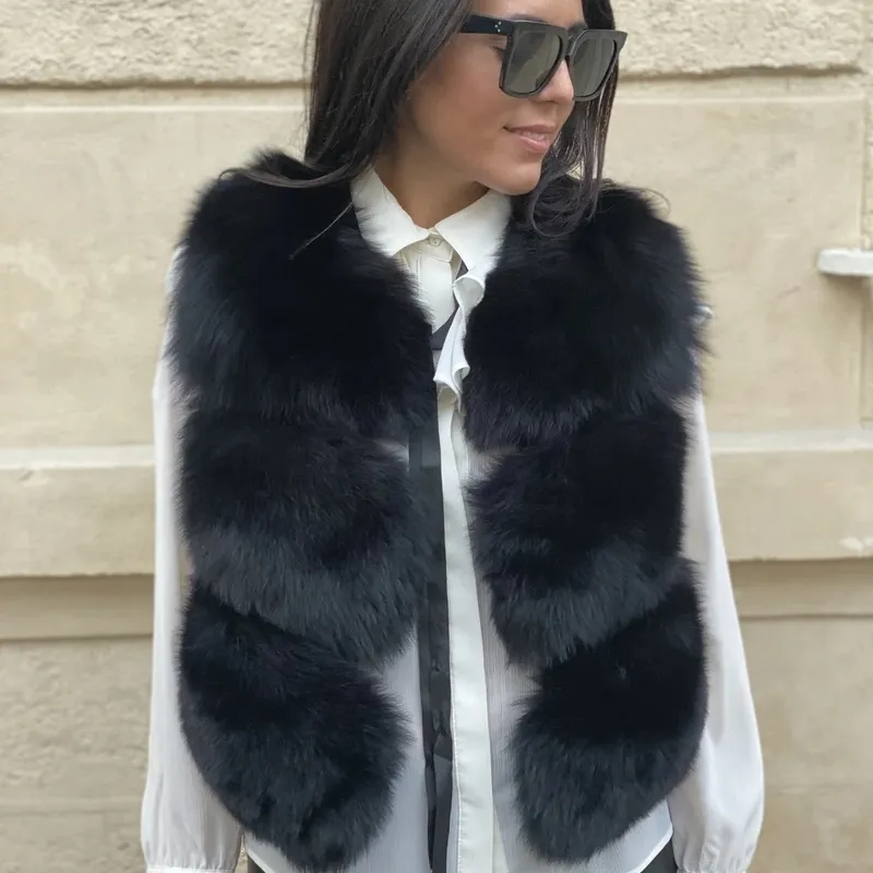 Luxury Female Fluffy Fashion Fur Vest 100% Genuine Fox Fur Waistcoat Women's Soft Autumn Winter Gilet