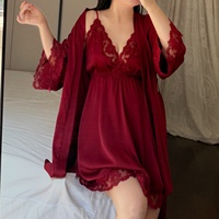 Robe de nuit sexy en satin et soie glacée pour femme, grande taille (jusqu'à 80 kg), ensemble d'été avec robe longue à manches longues et col en V pour la maison