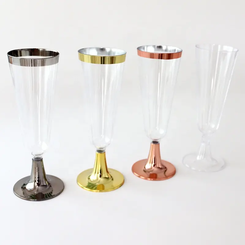 Copas de champán de plástico con logotipo personalizable, vasos de postre desechables de primera calidad con borde dorado, Ideal para tienda de postres