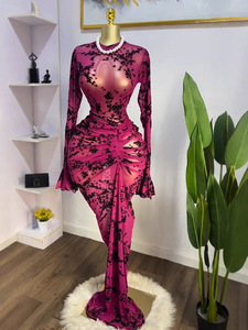 Ensemble robe longue en maille transparente 2 pièces pour femme, robe moulante à manches longues à imprimé floral avec fronces, tendance - Product Image 2