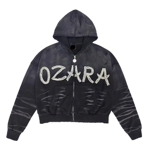 OEM High Quality 100% Cotton Loose Fit Heavyweight Street Wear Distress Acid Wash Print Worsted Zip Hooded Outwear Hoodie Men - Product Image 1