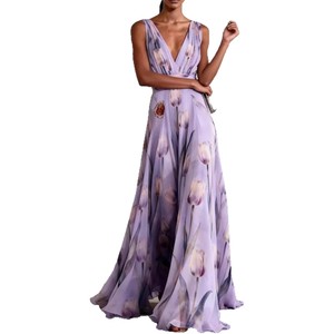 Vestido de Noche Largo con Estampado de Tulipanes Azules, Cuello en V, Sin Mangas, Cintura Natural, Cierre Frontal, Transpirable, para Banquetes - Product Image 5