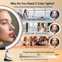 Miroir de maquillage LED pliable double face, grossissement 1X 10X, lumière 3 couleurs, rotatif à 360°, rechargeable par USB, miroir de vanité portable