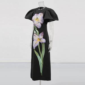 Robe longue décontractée pour femme OUDINA, nouvelle robe à col rond, manches bouffantes, élégante, brodée de fleurs - Product Image 3