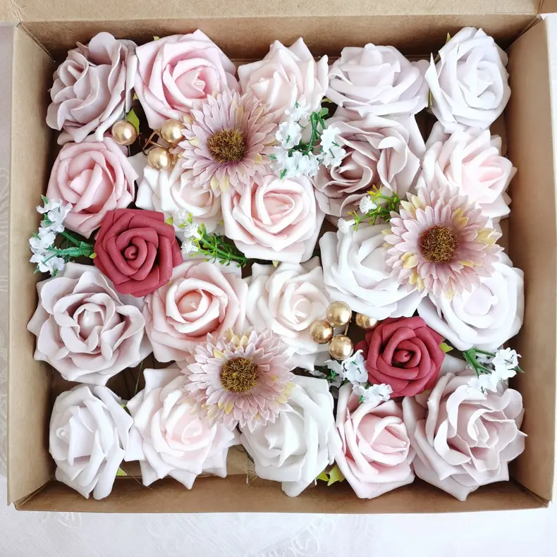 Scatola da 25 pezzi fiori artificiali pe schiuma multicolore scatola da fiori rosa schiuma finta <span class=keywords><strong>fiore</strong></span> per decorare la festa nuziale