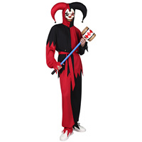 Costume de bouffon maléfique bicolore pour homme avec capuche à cornes, tenue de clown effrayant pour Halloween, maison hantée, cosplay