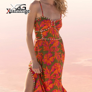Tùy chỉnh chất lượng cao in Ruched chi tiết Spaghetti dây đeo bãi biển ăn mặc vỏ tôn tạo mùa hè ăn mặc Boho hoa Maxi <span class=keywords><strong>Dress</strong></span> - Product Image 4