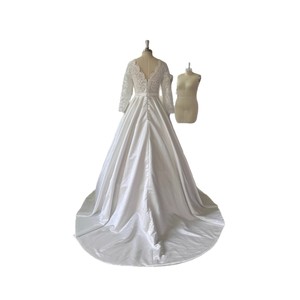 Wedding Dress A-Line V-Neck Lace Mid Sleeve Ivory White Natural Waistline Simple Style - Product Image 5