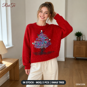 <span class=keywords><strong>Pull</strong></span> en tricot rouge duveteux pour <span class=keywords><strong>femme</strong></span>, style sapin de Noël, coupe oversize, court, col rond, manches longues, à sequins, confortable et chaud pour l'hiver, vente en gros - Product Image 1