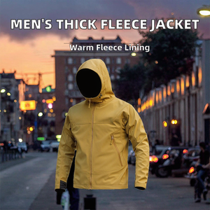 Cross-Border Wholesale Outdoor Hooded Zipper Streetwear Softshell <b>Jacket</b> Men's New Autumn <b>Fleece</b>-<b>Lined</b> Thick Polyester Windproof - Product Image 2