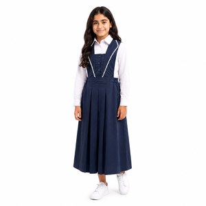Uniforme Escolar Personalizado para Niñas, Vestido Pinafore de Algodón y Elastano Azul Marino, Camisa Blanca de Manga Larga, Estilo Clásico - Product Image 1
