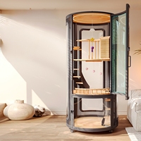 Meuble pour chat rond panoramique 360° moderne et luxueux pour intérieur, en verre, fer et bois, maison pour animaux de compagnie écologique pour salon, bureau à domicile