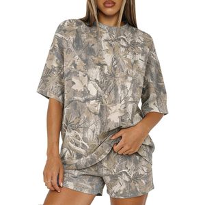 Womens <b>2</b> <b>Piece</b> Camo Short Set Maple Leaf Print Loose Matching Outfits Summer Casual Breathable Knitted Shorts Top Set - Product Image 1