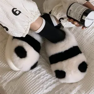 Cute Panda Fluffy Slippers for Women Memory Foam House Slippers Ladies Soft Warm Cozy Fuzzy Non-Slip Shoes
