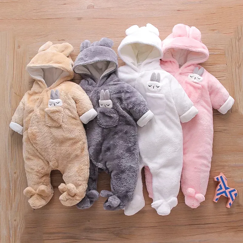 En gros infantile en peluche doux bébé combinaison à capuche col confortable enfants garçons filles hiver vêtements chauds bébé barboteuse