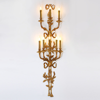 Jewellerytop Applique murale de luxe pour couloir d'hôtel baroque européen en laiton antique, feuille d'or, 5 bougies, lampe murale