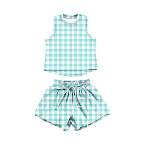 GSSO3476 Ensemble personnalisé pour fille, imprimé à carreaux cyan, tenue de yoga pour enfants, ensemble athlétique d'été à manches courtes pour filles, vente en gros - Product Image 1