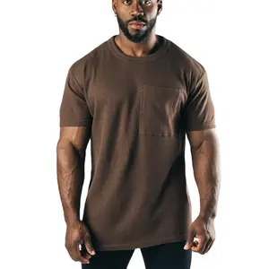 Summer wear mens breathable round collar front pocket heavyweight gym tshirt outdoor sport 100% cotton t-shirt for men