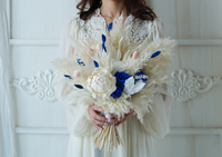 H-3 Buket Pengantin Biru Gaya Boho untuk Pengiring Pengantin, Bunga Kering Rumput Pampas, Hari Valentine, Natal