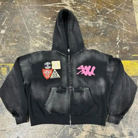 Sweat à capuche personnalisé de haute qualité, style streetwear, coupe ample, effet vieilli, avec appliqué brodé, en molleton 100% coton