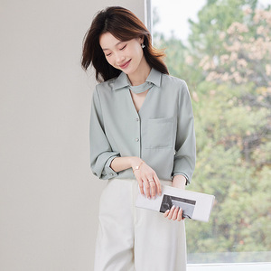 White Women's Shirt Long Sleeve Solid Color Poplin Work Blouse Simple Style - Product Image 2