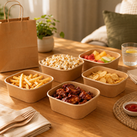 Bol carré jetable en papier kraft avec couvercle transparent en PET, anti-fuite, résistant à la graisse, logo personnalisé imprimé pour salades, restaurants et plats à emporter
