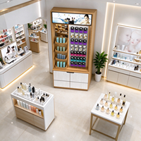 Kiosque de présentation de maquillage en bois avec étagères ouvertes, miroir, panneau perforé, outils suspendus, quatre tiroirs, CE ETL pour salon de beauté