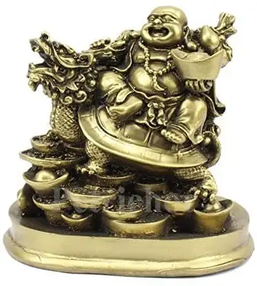 5 inch Handcrafted Fengshui Laughing Buddha Riding on Dragon and Ingot Home Decor and Gifting