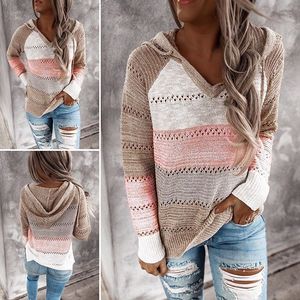 Autumn Women Patchwork Hooded Sweater Long Sleeve V-neck Knitted Sweater Casual <strong>Striped</strong> Pullover <strong>Jumpers</strong> New Female Hoodies - Product Image 4