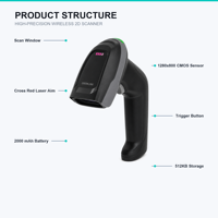 Scanner de codes-barres 2D sans fil haute précision 1D+2D 1280x800 CMOS 3mil USB 2.4G Bluetooth 1cm-300cm 18H IP52 X-1501394