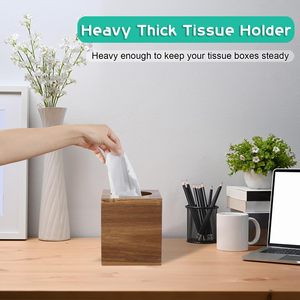 Cubierta de caja de pañuelos cuadrada-Soporte de caja de pañuelos de madera de acacia para mesas de noche Baño Oficina-Tejido de cubo facial decorativo - Product Image 3