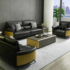Ensemble de canapés de bureau en cuir de luxe 1+2+3, canapé de réception moderne pour PDG avec table basse, structure en métal doré, mobilier de salle d'attente de bureau - Product Image 6