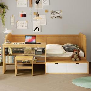 Modern Solid Pine Wood Twin Size Daybed with <b>Storage</b> Shelves and <b>Lockers</b> Multi-functional Bed with Study Desk Matching Stool - Product Image 3