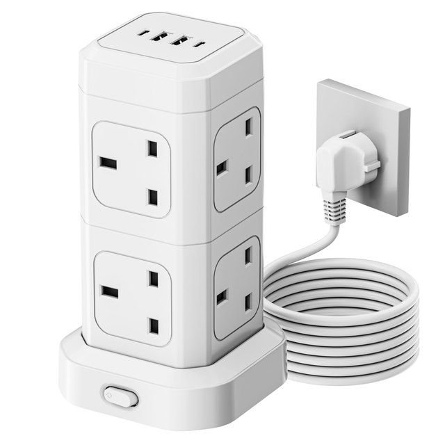 8 Outlets Tower Extension Socket with 2USB-A & 2USB-C Fast Charging, UK Plug, Multi Function Power Strip for Home and Office Use