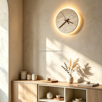 Lampu Dinding Batu Alam Travertine Bulat Wabi Sabi dengan LED, Jarum Jam Kayu Solid, Lampu Dinding Dekoratif untuk Kamar Tidur Ruang Tamu