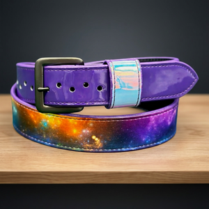 Ceinture de baseball réversible imprimée galaxie avec boucle latérale violette style Y2K, design par transfert thermique, boucle rectangulaire en métal - Product Image 2