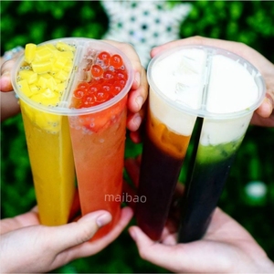 Gobelet en plastique à double compartiment personnalisé transparent de 18, 22, 24 oz, gobelet jetable pour jus, boisson froide, thé au lait à bulles, gobelets jumeaux à partager - Product Image 1